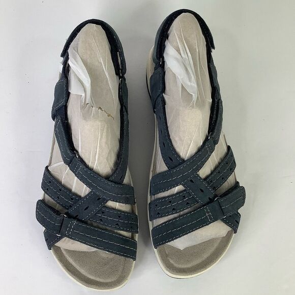 New! Earth Origins Sammie Round Toe Strappy Flat Navy Blue Suede Sandals Sz 8 - Picture 2 of 8